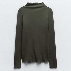 ZARA Olive Green Tissue Tee  Long Sleeve Sheer Medium